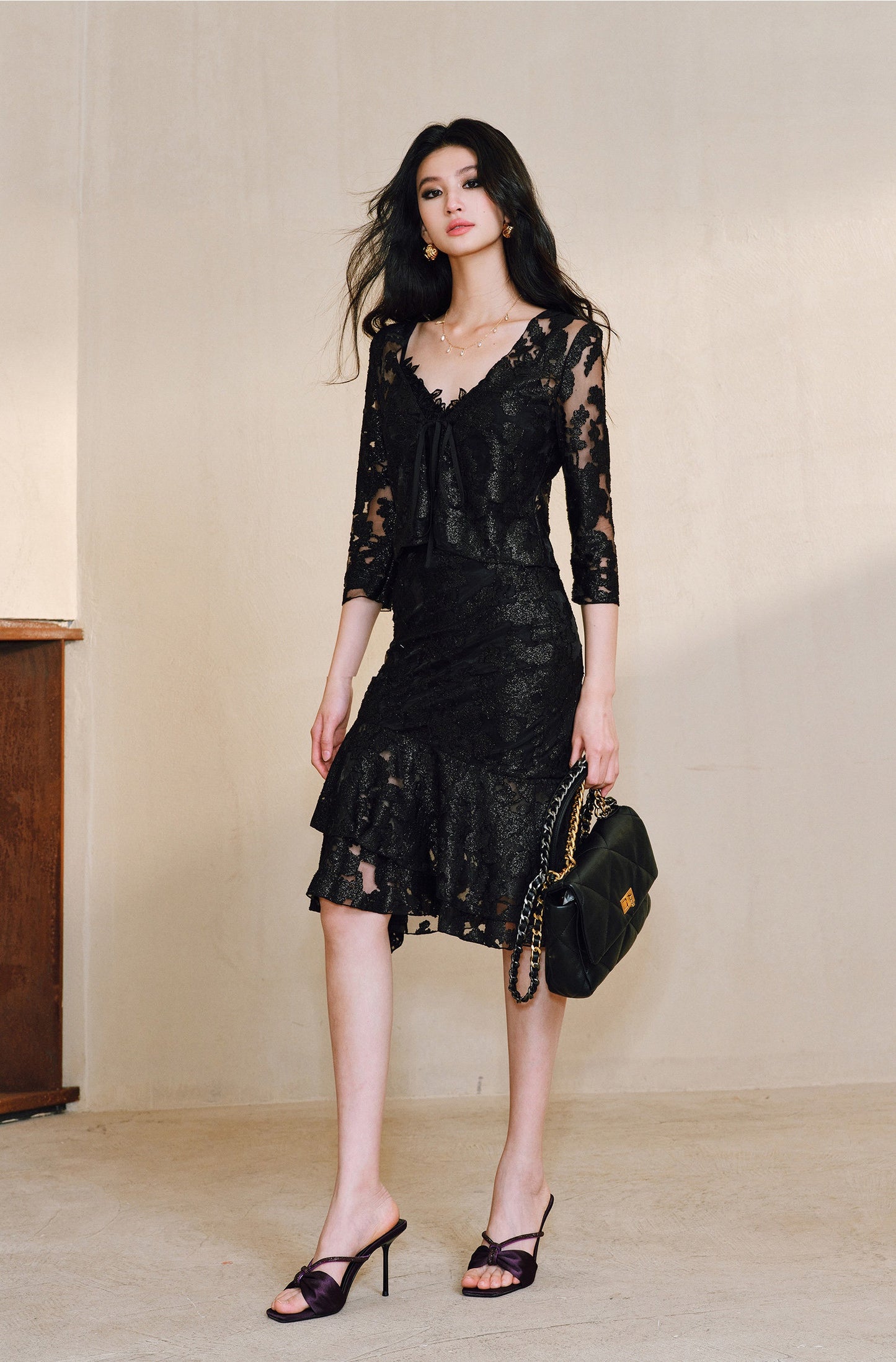 WANGXO | Lace-Up Cardigan & Irregular Double Fishtail Hip Skirt Set -KAIA