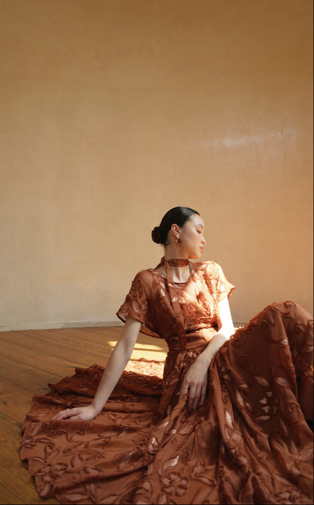 LE VENT&TES AILES Luxury French Disc Embroidered Sequin 3d Vintage brown Dress - LINA