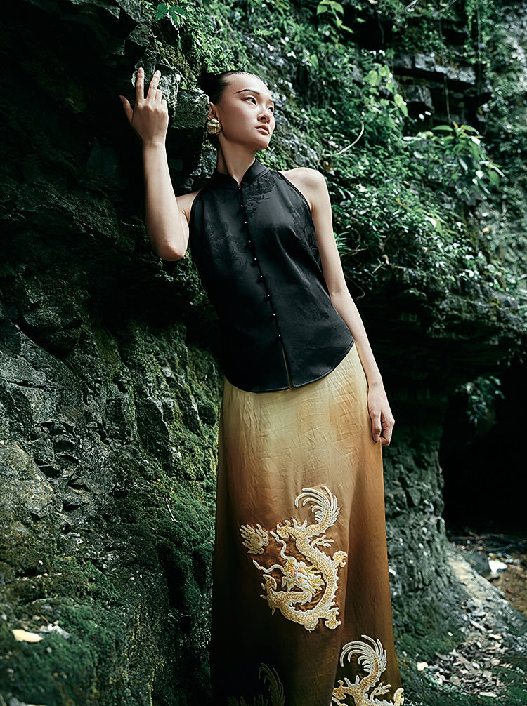 HECO Chinese blended gradient golden dragon embroidered straight skirt - RELY.
