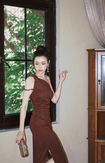 DOLLY High End Caramel Coffee Slant Collar Sleeveless High Waist Long Dinner Dress-CALYPSO  (V)