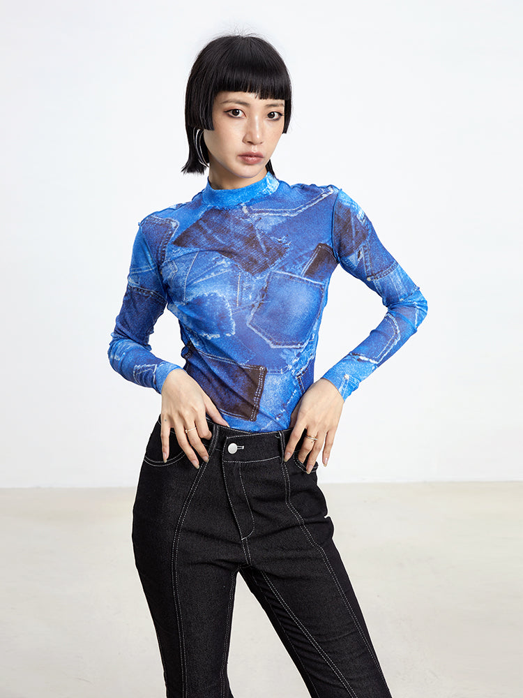 TINY IN denim print sun protection mesh long short sleeve t-shirt -IHU