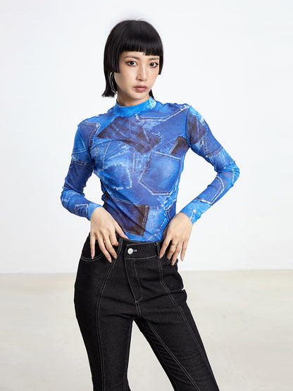 TINY IN denim print sun protection mesh long short sleeve t-shirt -IHU
