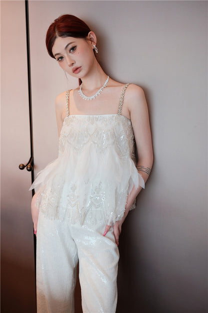 Wardrobes by Chen White sequin Strap Lace Loose Top High Waist Straight Pant-Lacey