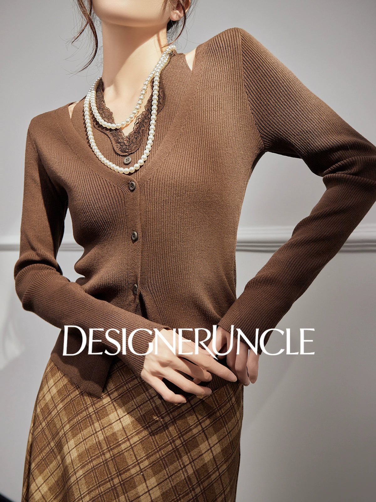 DGU "Hazel Shadow" coffee knitted sweater retro long-sleeved top - SEIGE.