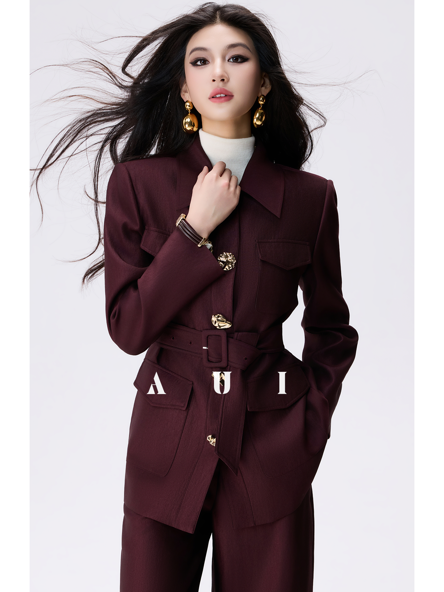 AUI Angora Red Polo Collar Shirt Outer Suit Wide-leg Casual Pants Two-Piece Set -  Hei Ryung.