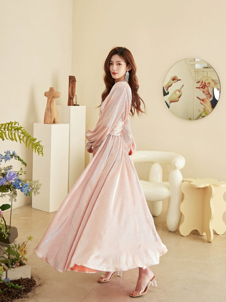 DOLLY Elegant Peach V-Neck Long Puff Sleeve High Waist Long Flowing Guest Dress-BESTY