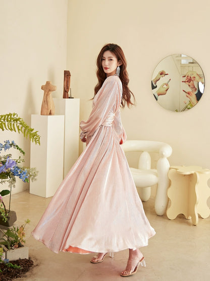 DOLLY Elegant Peach V-Neck Long Puff Sleeve High Waist Long Flowing Guest Dress-BESTY