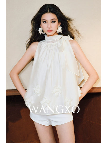 WANGXO Luxury Brand High-End Tencel Acetate Heavy Handmade Nail Flowers French Loose Ribbon Sleeveless Top - MAEVE