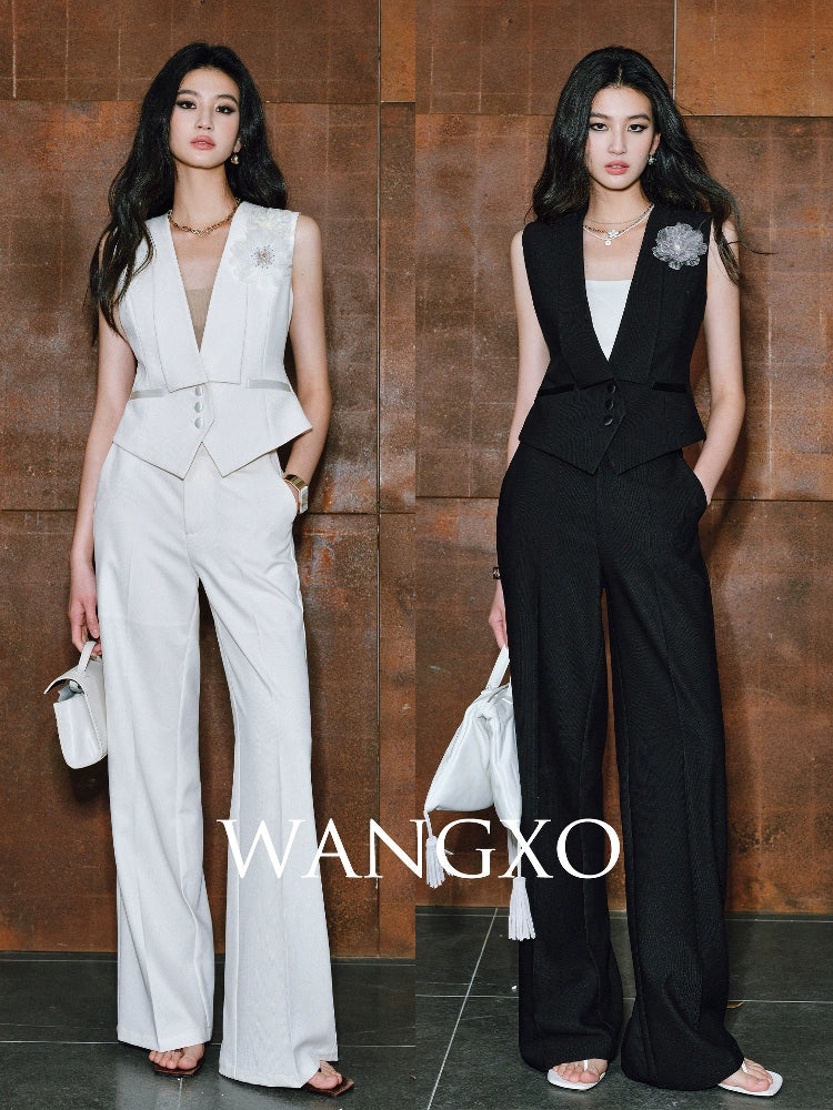 WANGXO|Wide Suit Material Spell Real Acetate Detachable Handmade Flowers V-Neck Vest Trousers - MAVIS