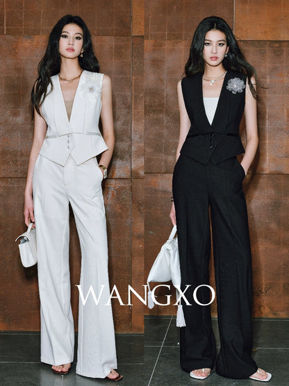 WANGXO|Wide Suit Material Spell Real Acetate Detachable Handmade Flowers V-Neck Vest Trousers - MAVIS