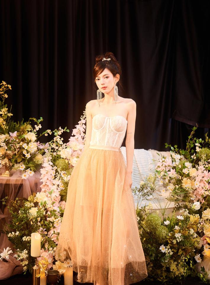 DOLLY Elegant Fake Two Piece Sleeveless Tube Top Sequin Long Dress-POLA