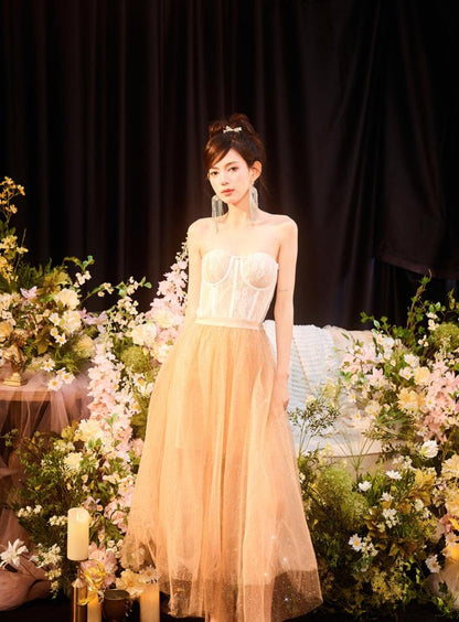 DOLLY Elegant Fake Two Piece Sleeveless Tube Top Sequin Long Dress-POLA