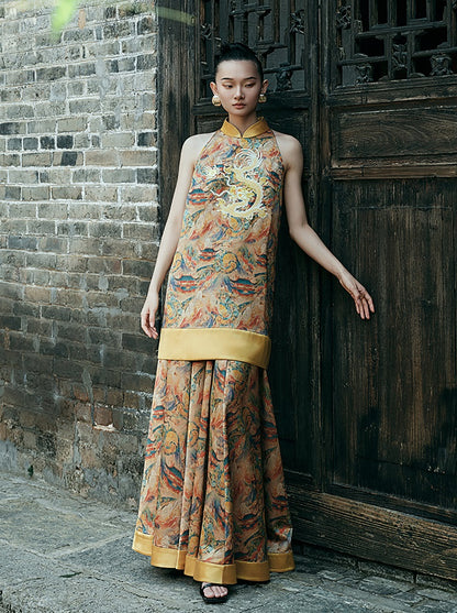 HECO Chinese Stand Collar Color-Blocked Golden Dragon Embroidery Dress - ZIPH