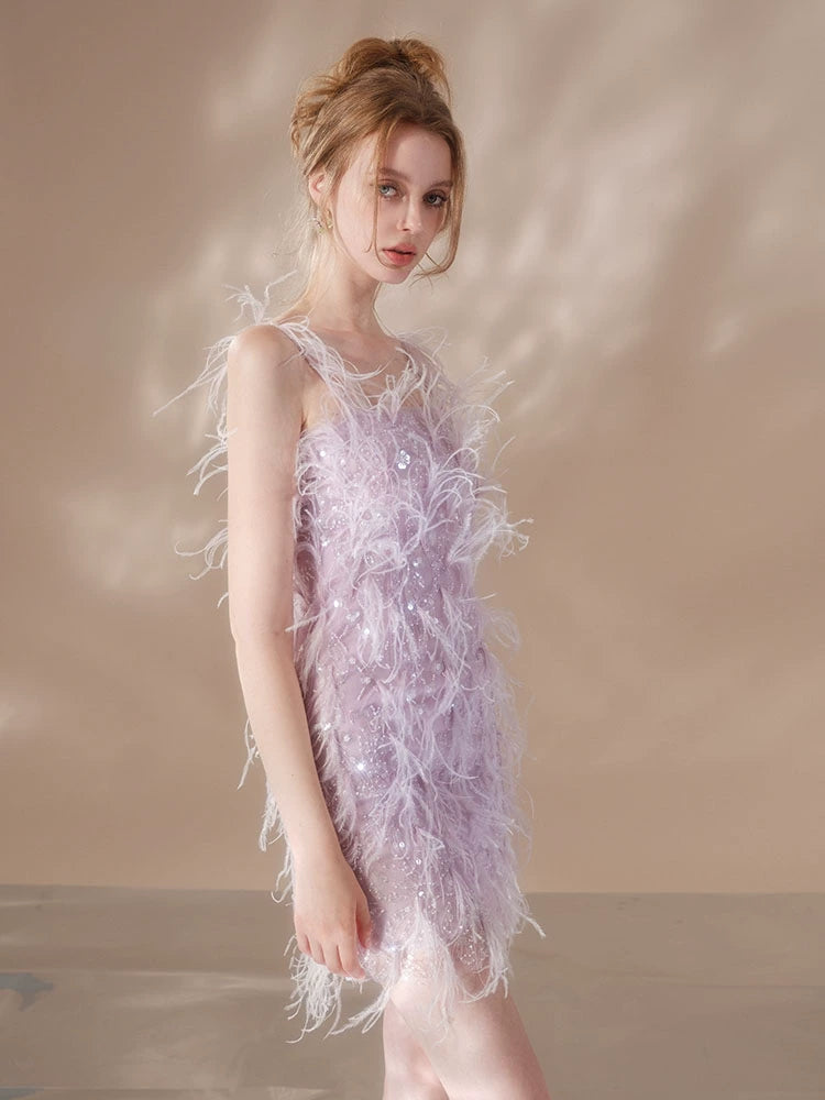 Wardrobes by Chen Elegant Purple Embroidered Beads Feather Dress-Cassie
