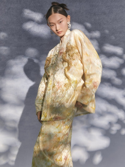 HECO 100% polyester tie dye long sleeve beige Jacket Sense Women's Top - glad.