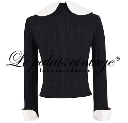 Le Palais Vintage Elegant Black and White Round Neck Cardigan High Waist Pencil Office Skirt-Ivy