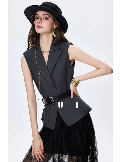 AUI Black  Professional Short Small Blazer Sleeveless Slim Suit -  Ha-yoon.