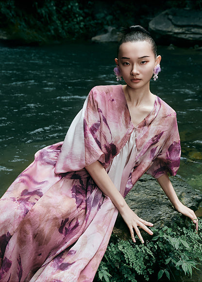 HECO Chinese Silk V-neck Dress Summer Elegant Floral Slim Long dress - GINE .