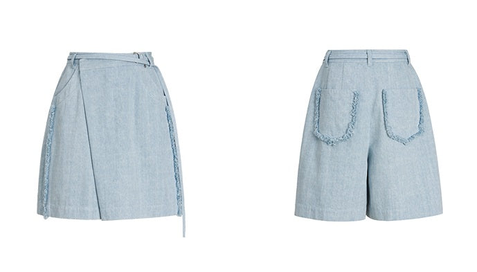 ZHUCHONGYUN blue raw edge loose denim belted shorts - KURT.