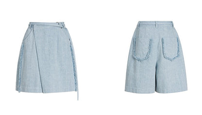 ZHUCHONGYUN blue raw edge loose denim belted shorts - KURT.