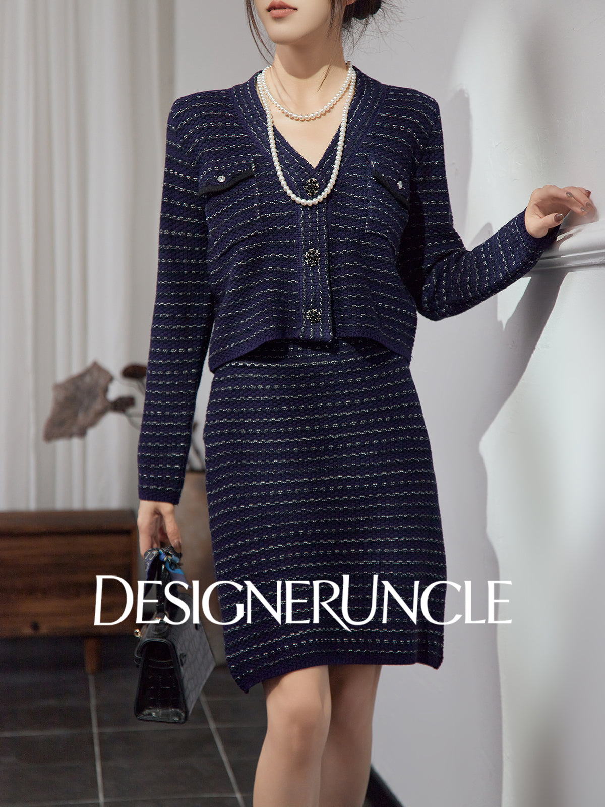 DGU|Royal Blue SSmall Fragrance V-Neck Elegant Knitted Top Two-Piece Set.