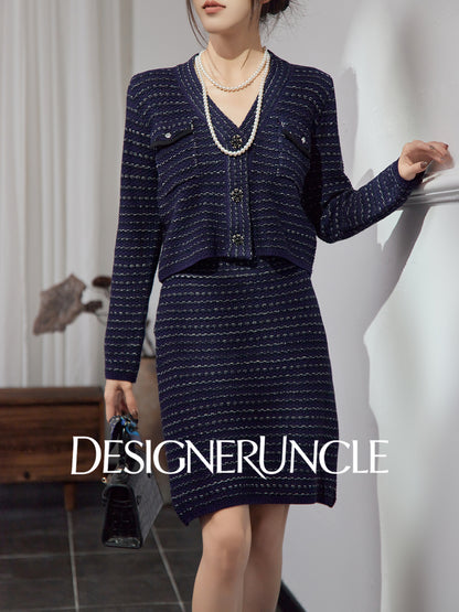 DGU|Royal Blue SSmall Fragrance V-Neck Elegant Knitted Top Two-Piece Set.