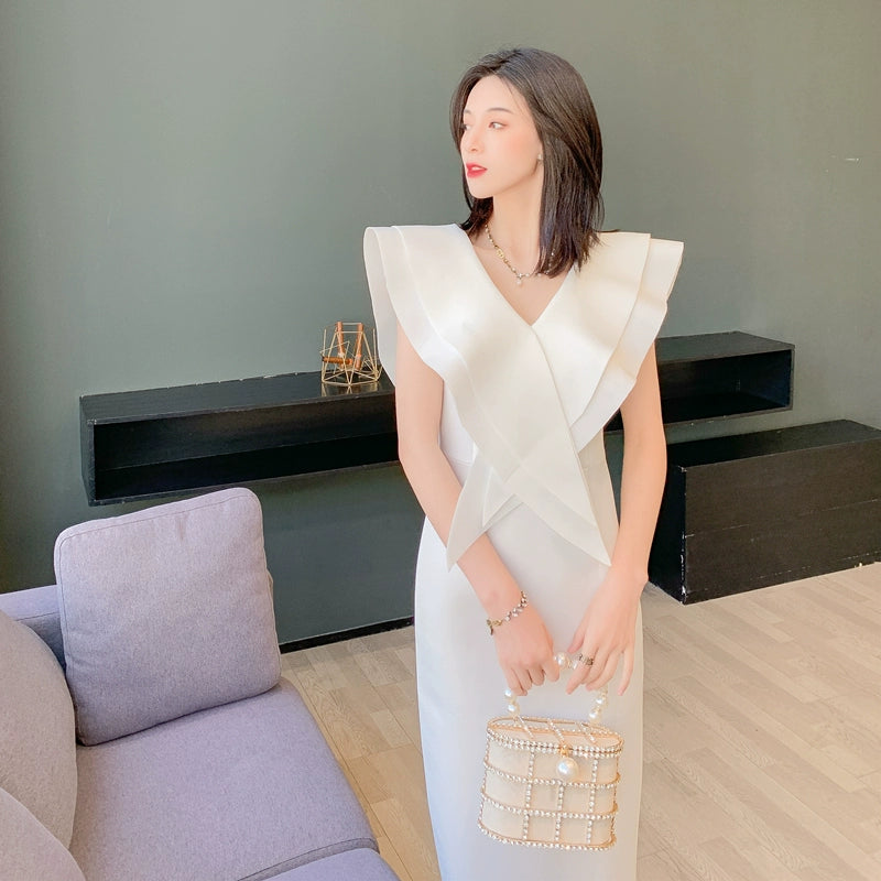 DOLLY Elegant White V-Neck Flying Ruffle Sleeve Slim Fit Long Goddess Dress-CLAUDIA