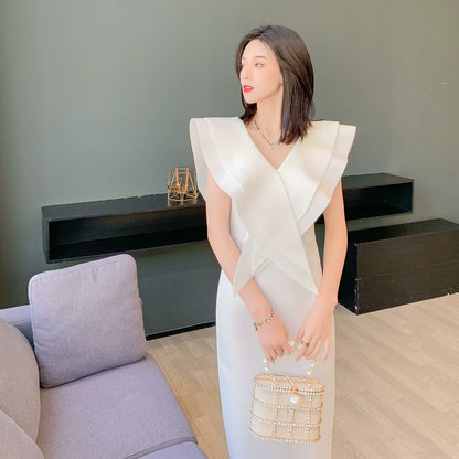 DOLLY Elegant White V-Neck Flying Ruffle Sleeve Slim Fit Long Goddess Dress-CLAUDIA