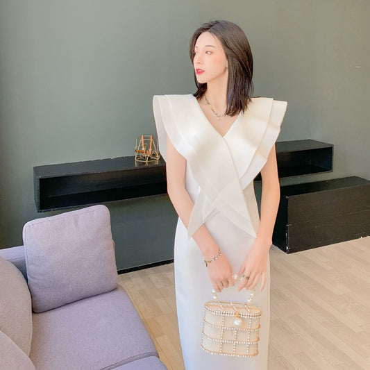 DOLLY Elegant White V-Neck Flying Ruffle Sleeve Slim Fit Long Goddess Dress-CLAUDIA