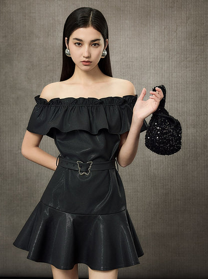 HECO Off Shoulder Ruffle Short Cinched Waist Dress  - SECRET.
