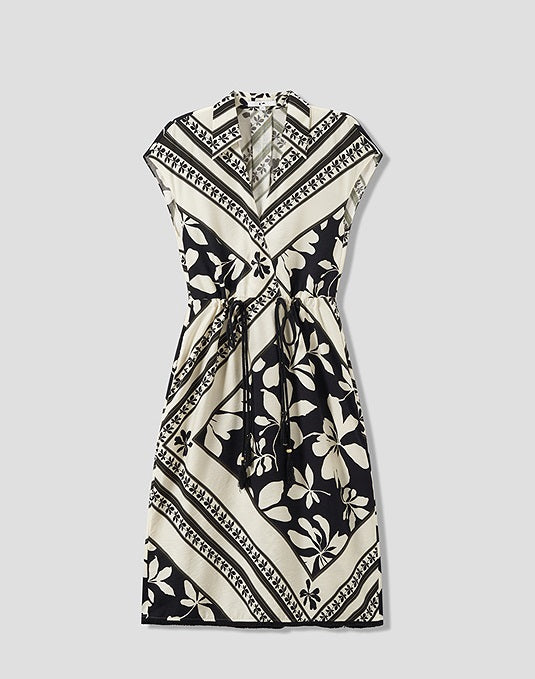 COMME MOI Lv Yan designer's new summer women's print shirred tassel waist dress - GOLDIE.