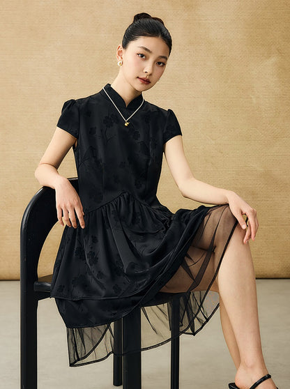 HECO Acetate Jacquard Midi Tiered Cap Sleeves Dress - HEART.