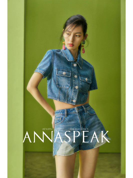 AnnaSpeak Luxury Blue Demin High Waist Shorts-Vero