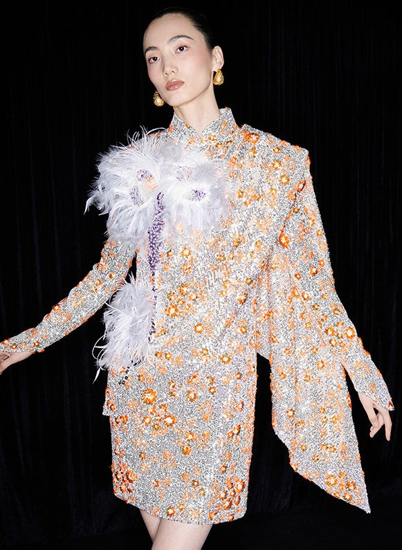 M essential Mackay designer vermilion embroidery iris ostrich feather bead dress - GINA.