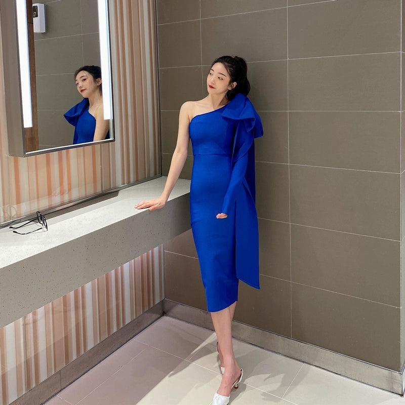 DOLLY Elegant Slant Collar Long Sleeve Bow Drape Body Hug Dinner Dress-CALA