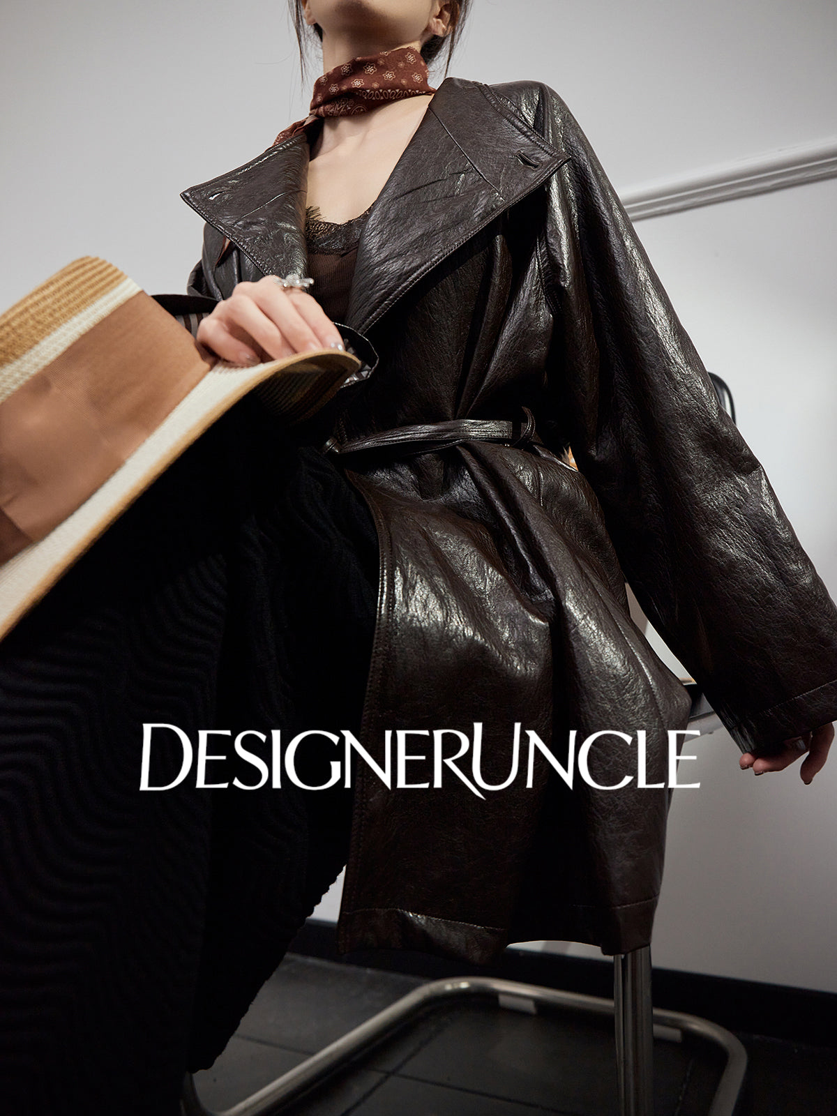 DGU "Obscure Shadow" Flower Coffee Haining Genuine Leather Retro Slimming Top - HEADS.