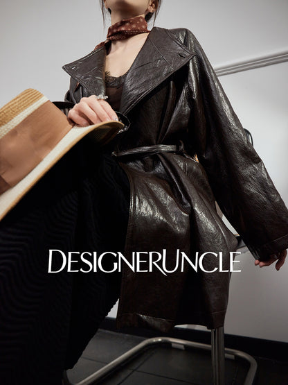 DGU "Obscure Shadow" Flower Coffee Haining Genuine Leather Retro Slimming Top - HEADS.