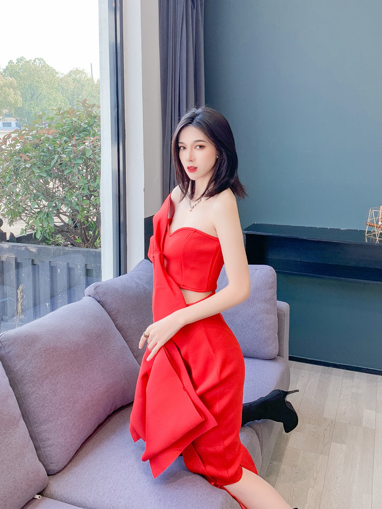 Dolly High End Sleeveless Big Bow Off Shoulder Tube Top +High Waist Irregular Skirt-LULA