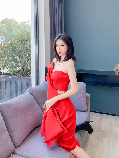 Dolly High End Sleeveless Big Bow Off Shoulder Tube Top +High Waist Irregular Skirt-LULA