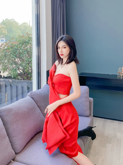 Dolly High End Sleeveless Big Bow Off Shoulder Tube Top +High Waist Irregular Skirt-LULA