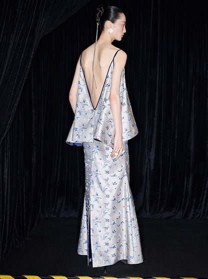 M essential Mackay designer butterfly jacquard blue vine butterfly dress skirt - MASTER.