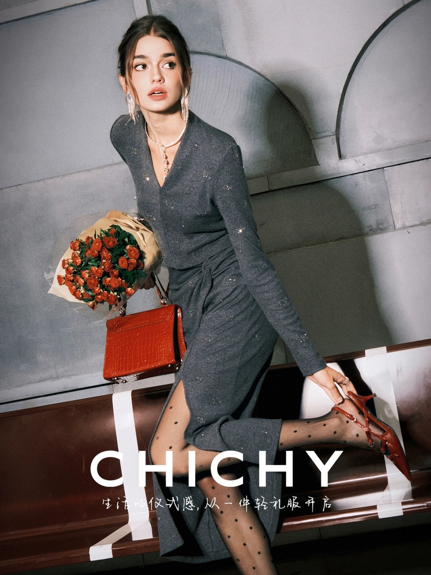CHICHY French Grey Knitted V-Neck Slim Sweater Long Skirt Two-Piece Set-NANCY