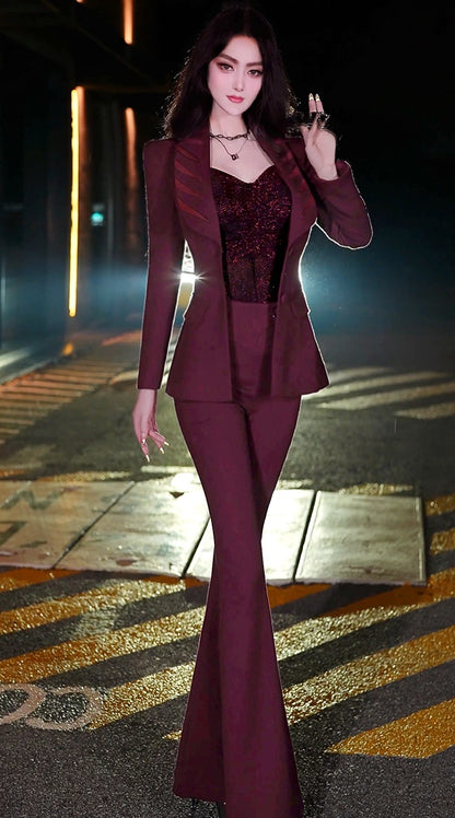 VJE  Burgundy Spliced Small Pants Two-Piece Set  Suit - HANS?