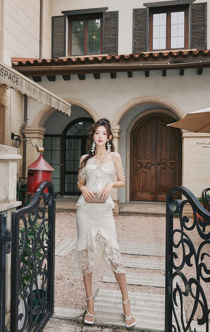 DOLLY Elegant French Style Cream Ruffled Lace Fake Two Piece Midi Dinner Dress-KAKA