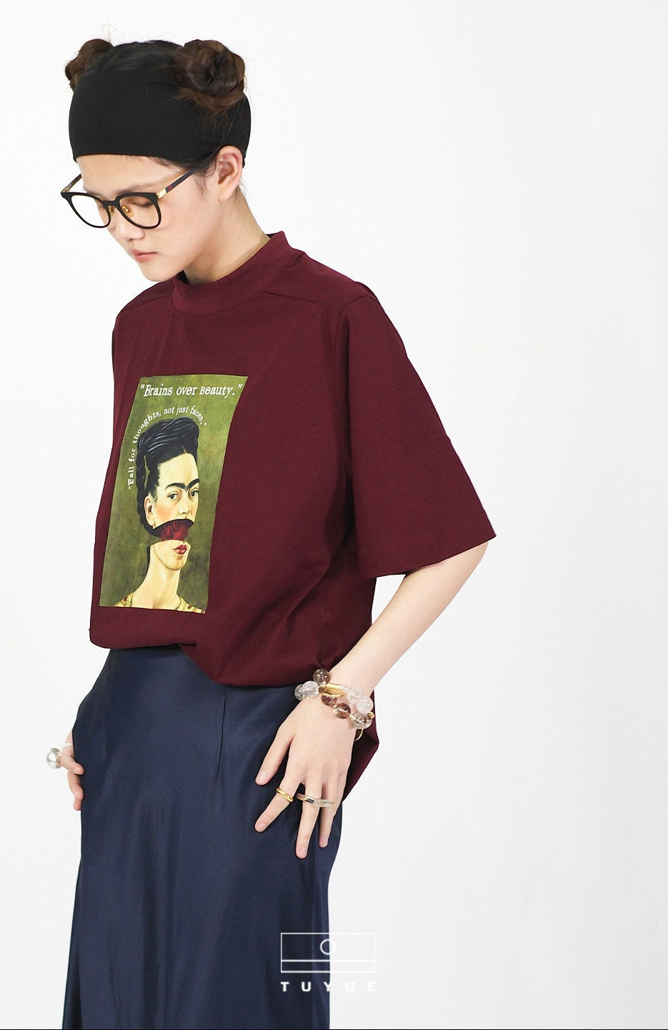 TUYUE Frida art print crew neck mercerized cotton short-sleeved T-shirt- ARCHER.