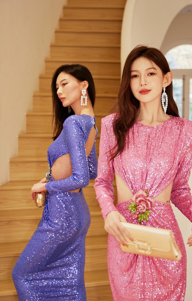 DOLLY Elegant Crew Neck Long Sleeve Slim Fit Sequin Long Evening Dress-IIANA