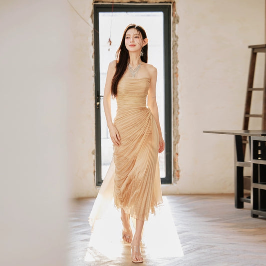 DOLLY High End Apricot Sleeveless Bandeau Slim Fit Pleated Cocktail Dress-Bebe