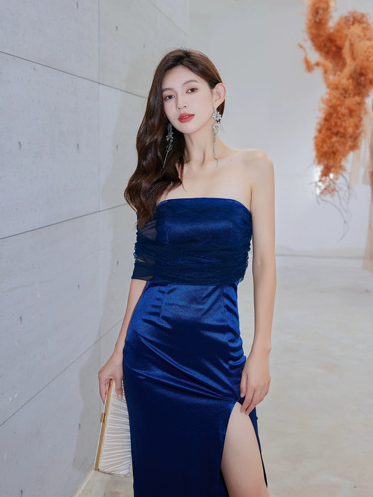 DOLLY Elegant Royal Blue One Shoulder Chest Wrap Slim Fit Slit Dinner Dress-ALLEGRA