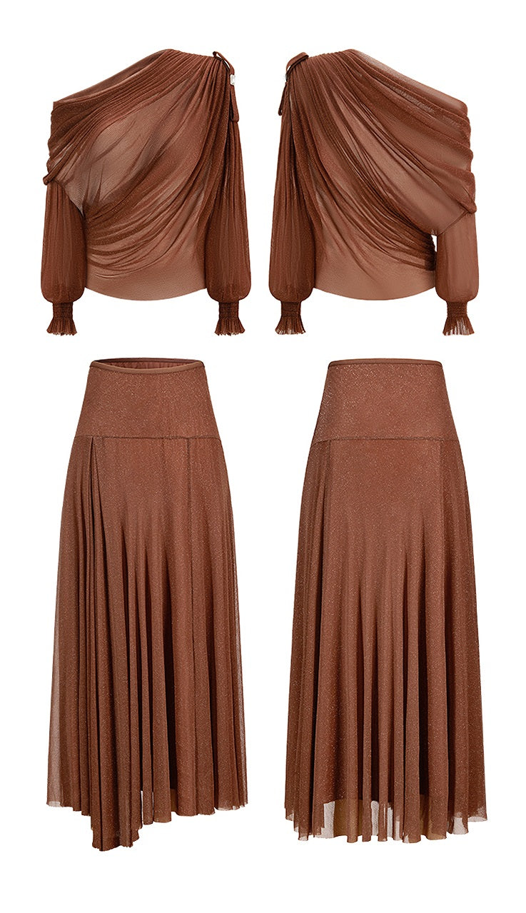 CHICHY design slanted shoulder mesh shirt long skirt three-piece-LIEN