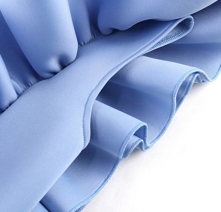 DOLLY High End Blue Crew Nek Ruffled Flying Sleeve Midi Office Dress-BELLONA